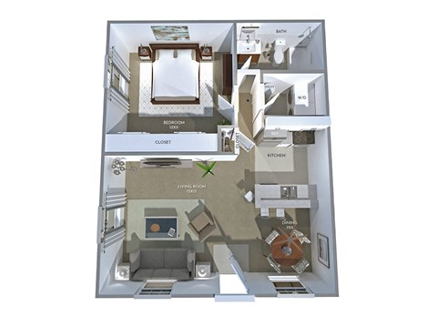 Floor plan for 1 bed, 1 bath, 607 sqft